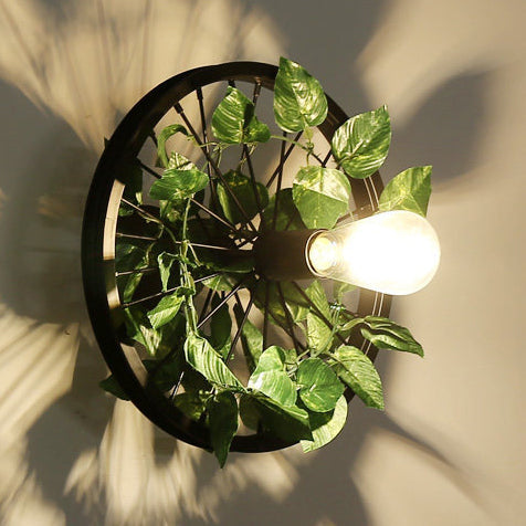 Industrial Metal Wheel Wall Mount Light with Flower/Leaf Decor, 12.5"/16.5" Diameter