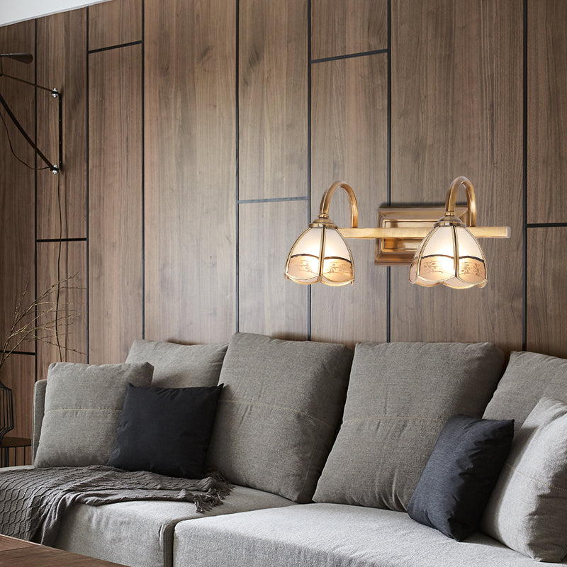 Traditional Brass Wall Sconce with Frosted Glass Dome Shade - 2/3 Bulb Vanity Light Fixture