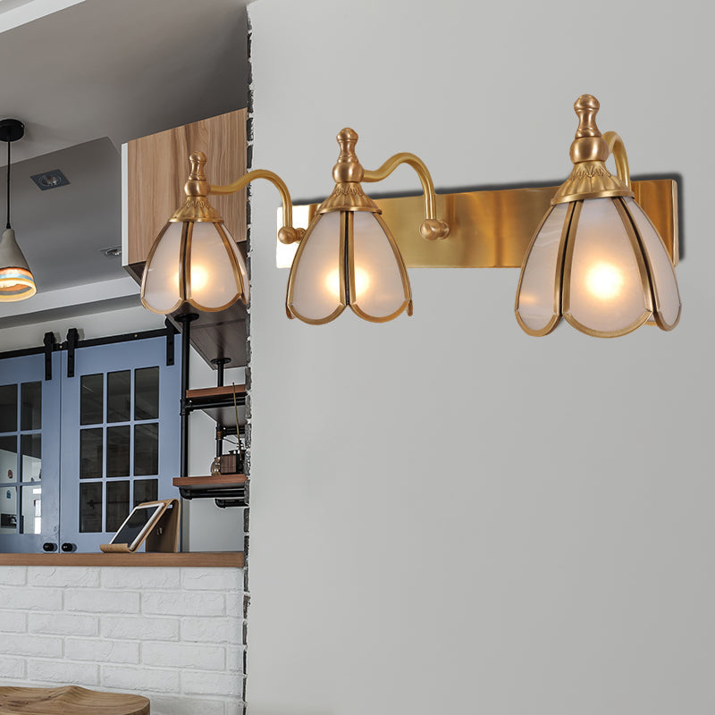 Brass Flower Wall Sconce with Frosted Opal Glass - 1/2/3 Lights - Rural Bathroom Vanity Lighting