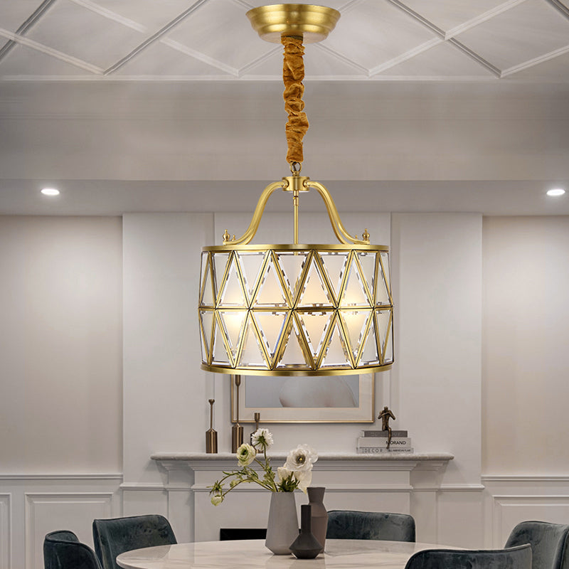 Traditional Frosted Glass Drum Chandelier Pendant - 4/6 Lights, 16"/19" Wide, Gold - Perfect for Dining Rooms!