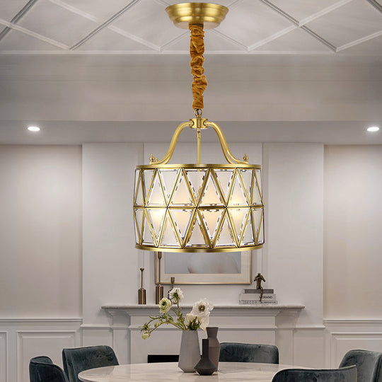Traditional Frosted Glass Drum Chandelier Pendant - 4/6 Lights, 16"/19" Wide, Gold - Perfect for Dining Rooms!
