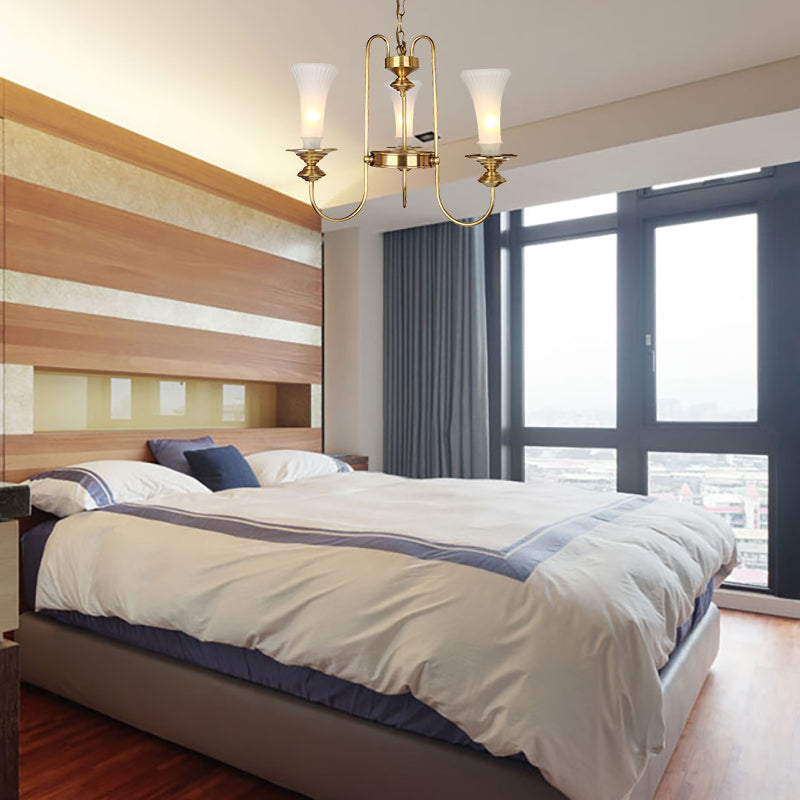 Colonial White Glass Floral Chandelier Light with Gold Accent - 3/6/8 Head Living Room Hanging Lamp Kit