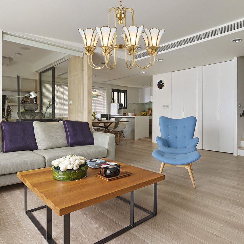 Colonial Flower White Chandelier with Gold Accents & Frosted Glass Pendants - 8-Light Ceiling Pendant