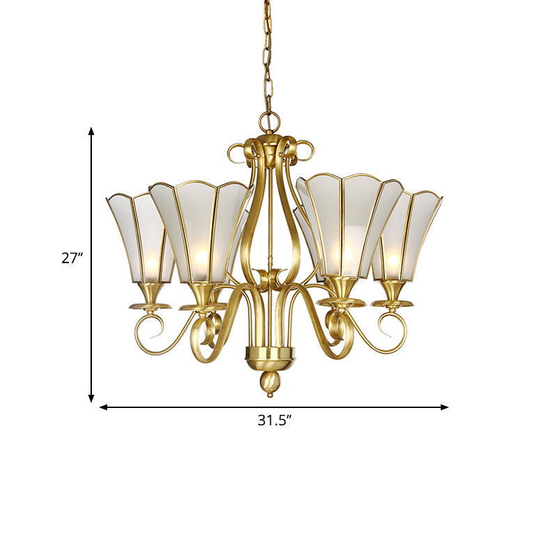 Frosted Glass Floral Pendant Chandelier - White, Colonialist Design, Brass Finish, 6 Lights - Ideal for Bedroom Lighting