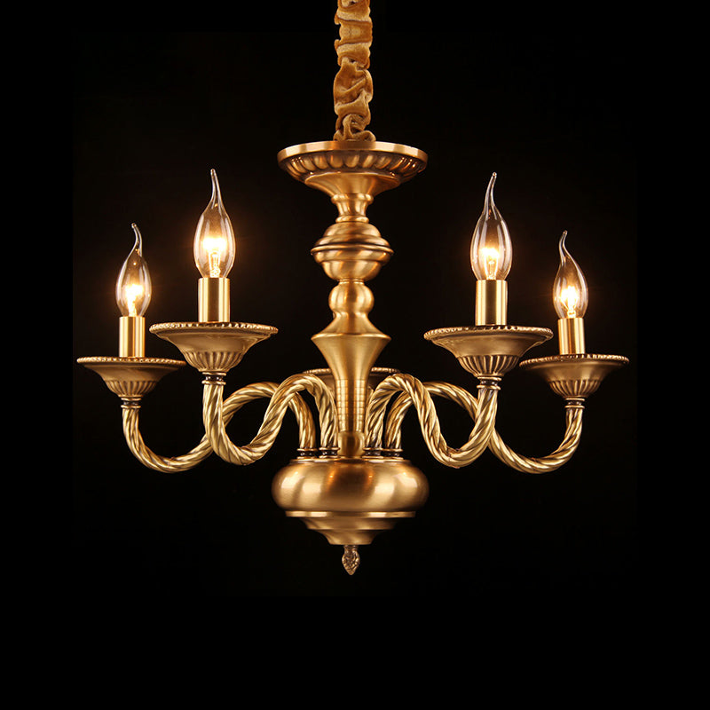 Brass Colonial Candle Chandelier Pendant Light with Curved Hemp Rope Arm - 3/5/6 Lights