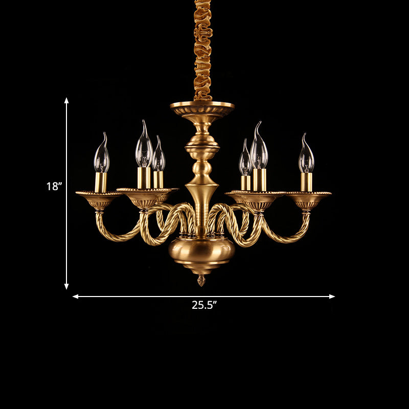 Brass Colonial Candle Chandelier Pendant Light with Curved Hemp Rope Arm - 3/5/6 Lights