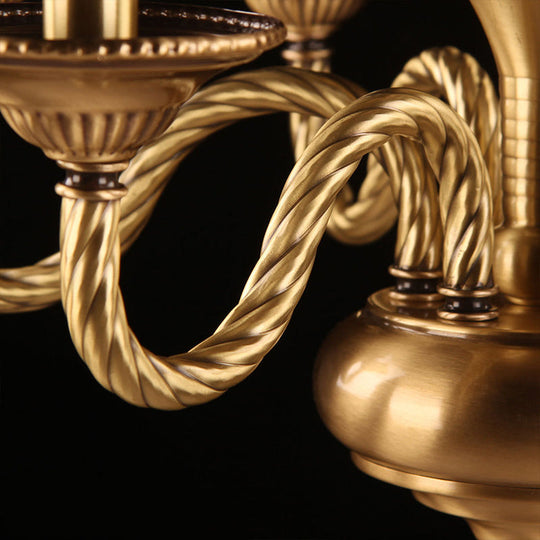 Brass Colonial Candle Chandelier Pendant Light with Curved Hemp Rope Arm - 3/5/6 Lights