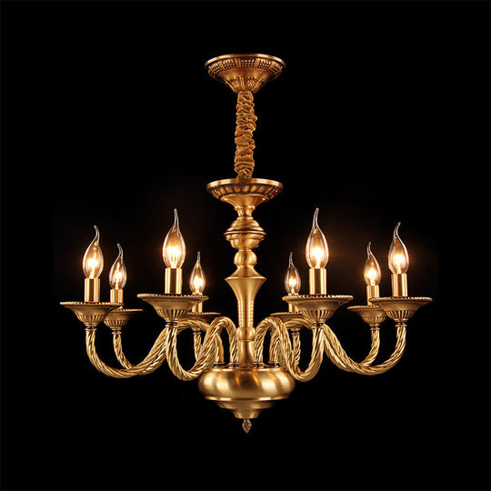 Brass Colonial Candle Chandelier Pendant Light with Curved Hemp Rope Arm - 3/5/6 Lights