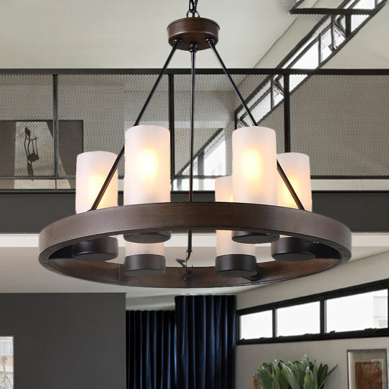 Traditional Black Glass Chandelier - 6 Cylinder Heads - Frosted White Suspension Pendant Lamp with Wheel Design