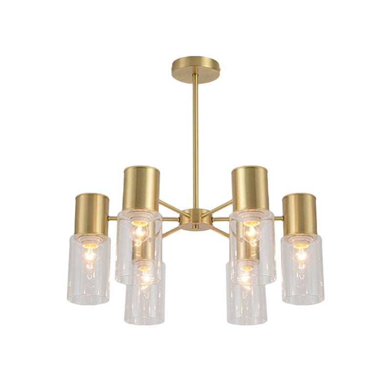 Modern Clear Glass Cylinder Hanging Lamp Kit - 6/8/10 Heads Brass Chandelier Fixture