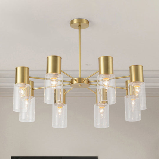 Modern Clear Glass Cylinder Hanging Lamp Kit - 6/8/10 Heads Brass Chandelier Fixture