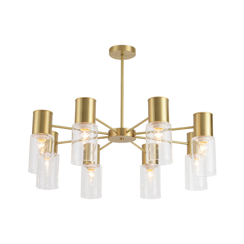 Modern Clear Glass Cylinder Hanging Lamp Kit - 6/8/10 Heads Brass Chandelier Fixture