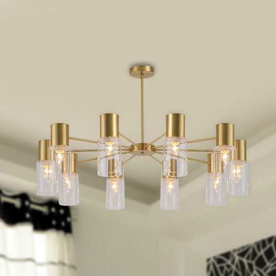 Modern Clear Glass Cylinder Hanging Lamp Kit - 6/8/10 Heads Brass Chandelier Fixture