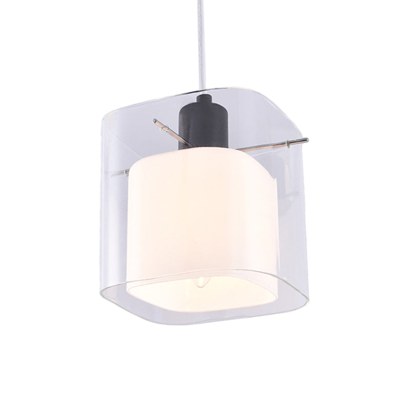 Modern Square Hanging Black Pendant Light Fixture with Clear and White Glass