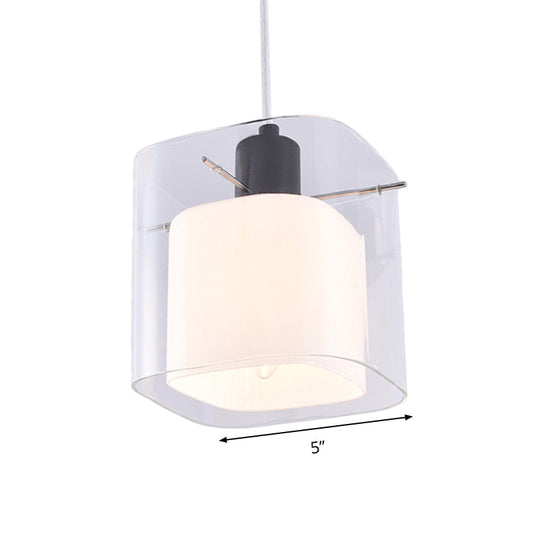 Modern Square Hanging Black Pendant Light Fixture with Clear and White Glass