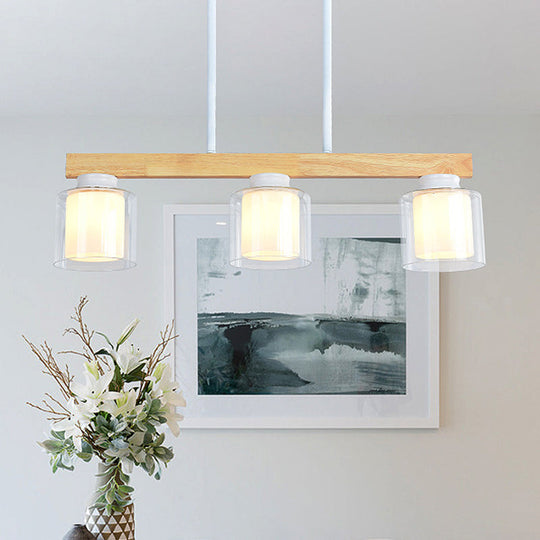 Nordic Linear Wood Island Light with White Glass Shades - 3/4 Heads - Dining Room Hanging Lamp