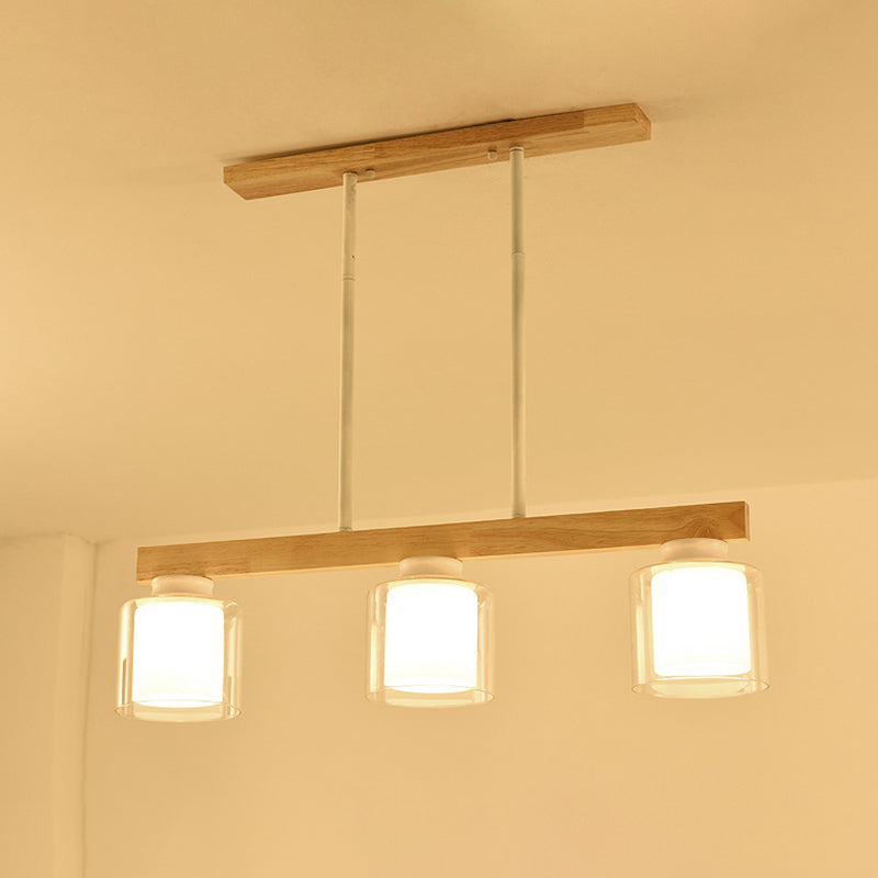 Nordic Linear Wood Island Light with White Glass Shades - 3/4 Heads - Dining Room Hanging Lamp
