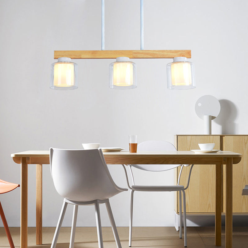 Nordic Linear Wood Island Light with White Glass Shades - 3/4 Heads - Dining Room Hanging Lamp