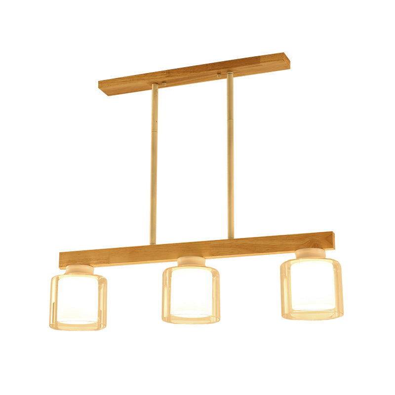 Nordic Linear Wood Island Light with White Glass Shades - 3/4 Heads - Dining Room Hanging Lamp