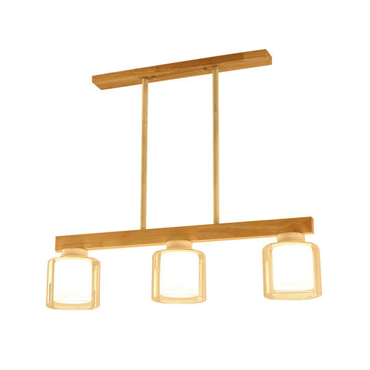 Nordic Linear Wood Island Light with White Glass Shades - 3/4 Heads - Dining Room Hanging Lamp
