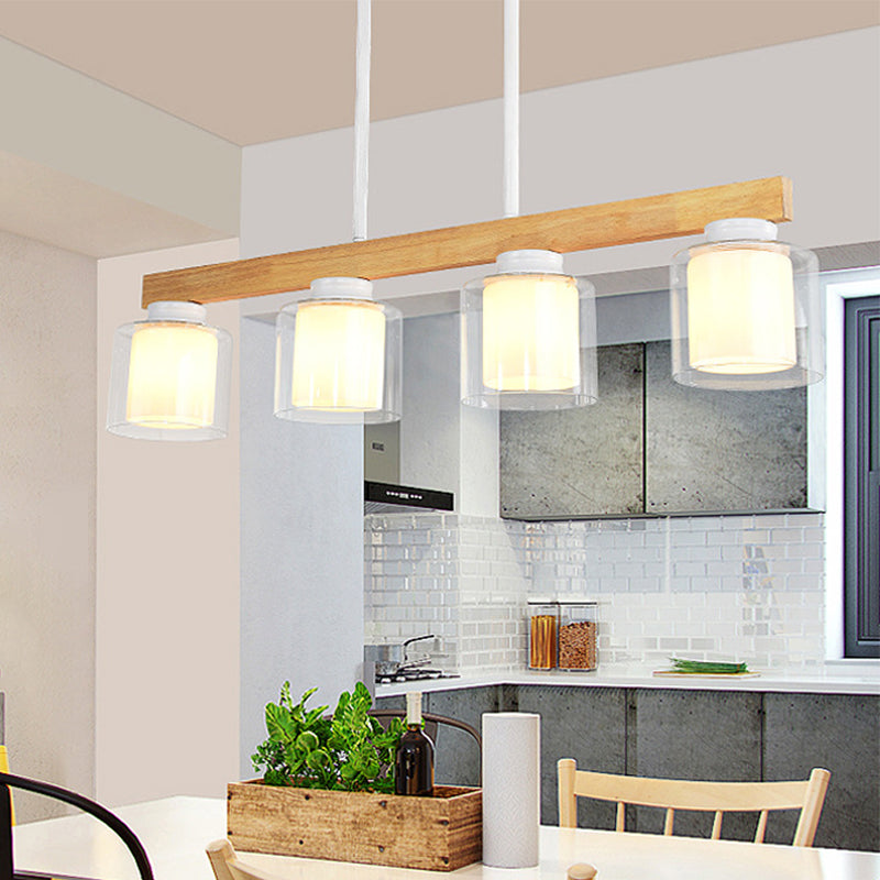 Nordic Linear Wood Island Light with White Glass Shades - 3/4 Heads - Dining Room Hanging Lamp