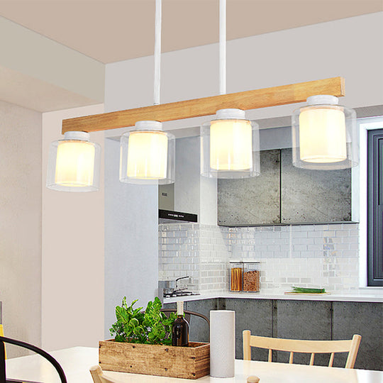 Nordic Linear Wood Island Light with White Glass Shades - 3/4 Heads - Dining Room Hanging Lamp