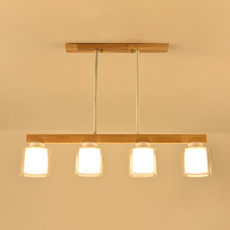 Nordic Linear Wood Island Light with White Glass Shades - 3/4 Heads - Dining Room Hanging Lamp