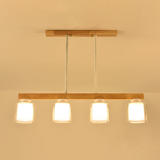 Nordic Linear Wood Island Light with White Glass Shades - 3/4 Heads - Dining Room Hanging Lamp