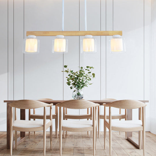 Nordic Linear Wood Island Light with White Glass Shades - 3/4 Heads - Dining Room Hanging Lamp