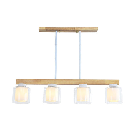 Nordic Linear Wood Island Light with White Glass Shades - 3/4 Heads - Dining Room Hanging Lamp