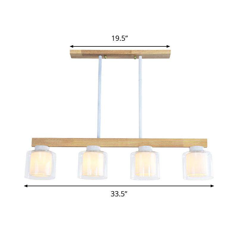 Nordic Linear Wood Island Light with White Glass Shades - 3/4 Heads - Dining Room Hanging Lamp