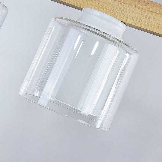 Nordic Linear Wood Island Light with White Glass Shades - 3/4 Heads - Dining Room Hanging Lamp