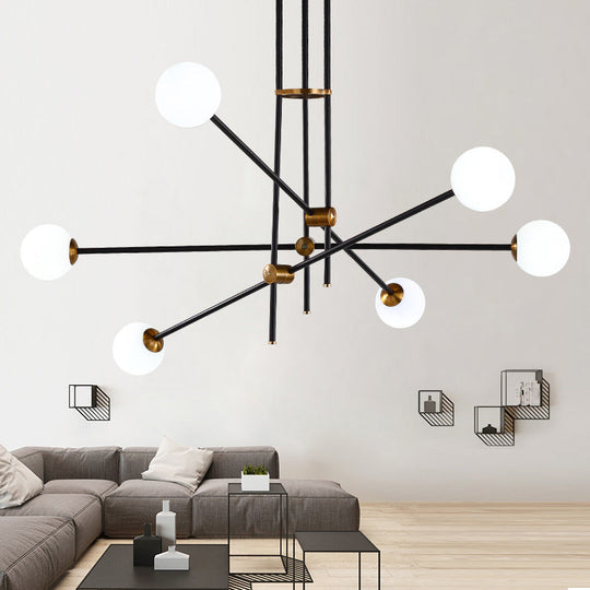 Minimalist Metal Hanging Lamp with 6-Head Black Chandelier in Opal Glass Shade