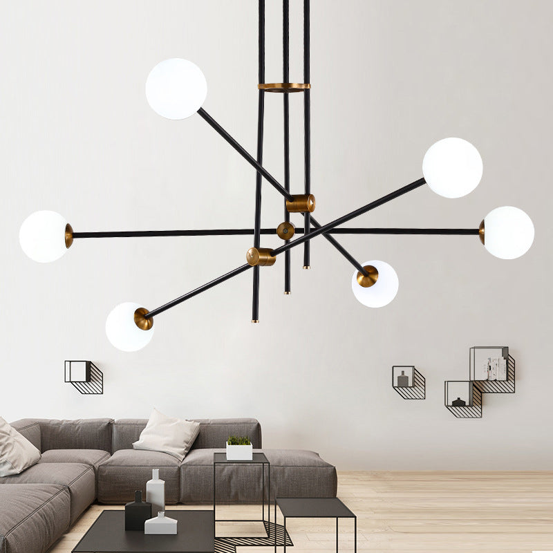 Minimalist Metal Hanging Lamp with 6-Head Black Chandelier in Opal Glass Shade