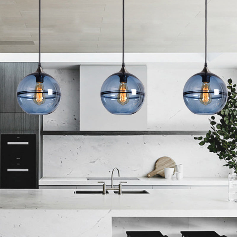 Modern Blue/Clear Glass Pendant Light for Dining Room – 1 Head, 8"/10"/12" Wide