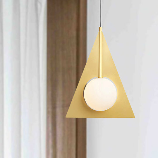 Modern Metal Triangle Ceiling Pendant Light with Globe White Glass Shade - Gold Hanging Lamp Kit