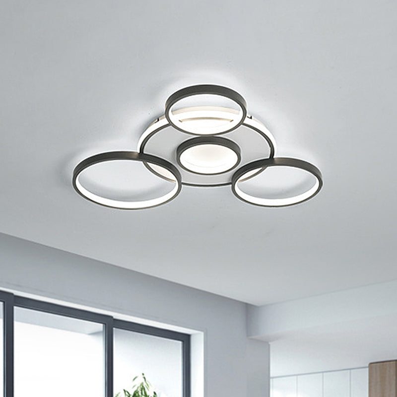 Modern 4/5-Halo Ring Black LED Flush Mount Light Fixture, Warm/White Light, 27.5"/33.5"W