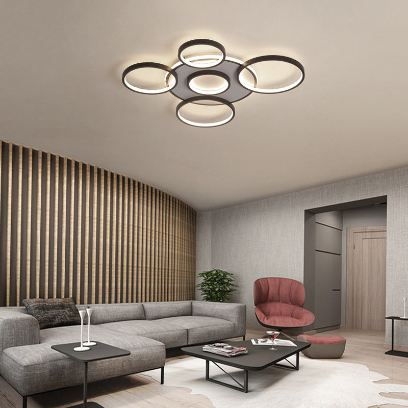 Modern 4/5-Halo Ring Black LED Flush Mount Light Fixture, Warm/White Light, 27.5"/33.5"W