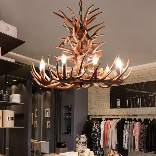 9 Heads Antler Ceiling Chandelier Farmhouse Brown Resin Suspended Lighting Fixture for Restaurant, 23"/27" Wide