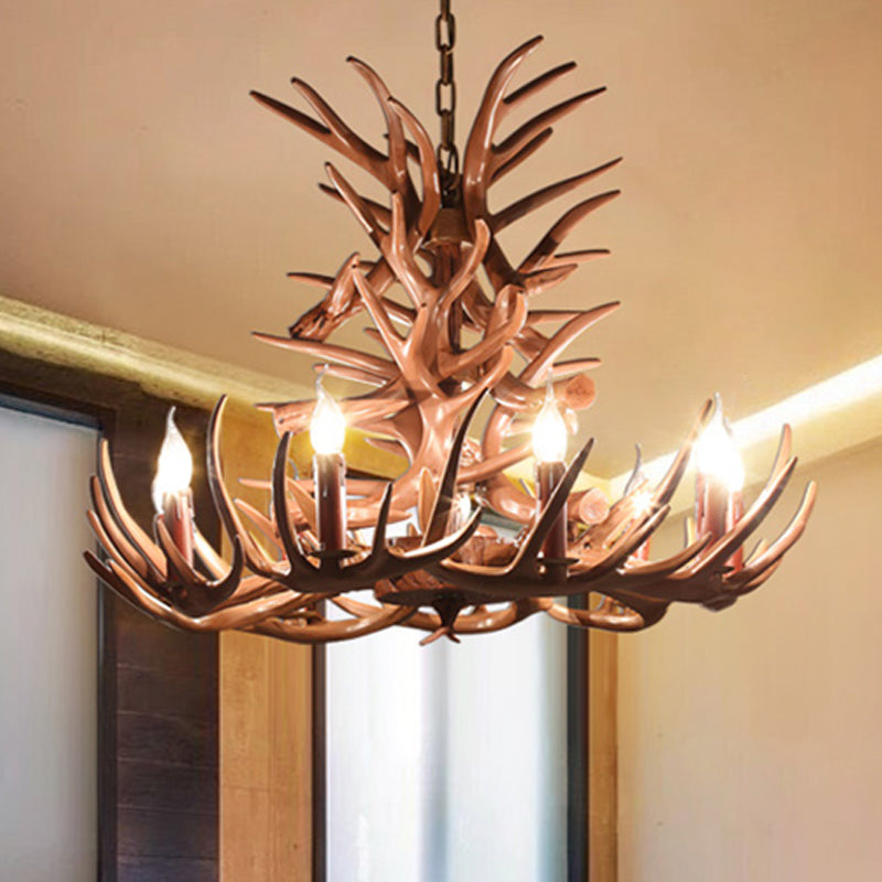 9 Heads Antler Ceiling Chandelier Farmhouse Brown Resin Suspended Lighting Fixture for Restaurant, 23"/27" Wide