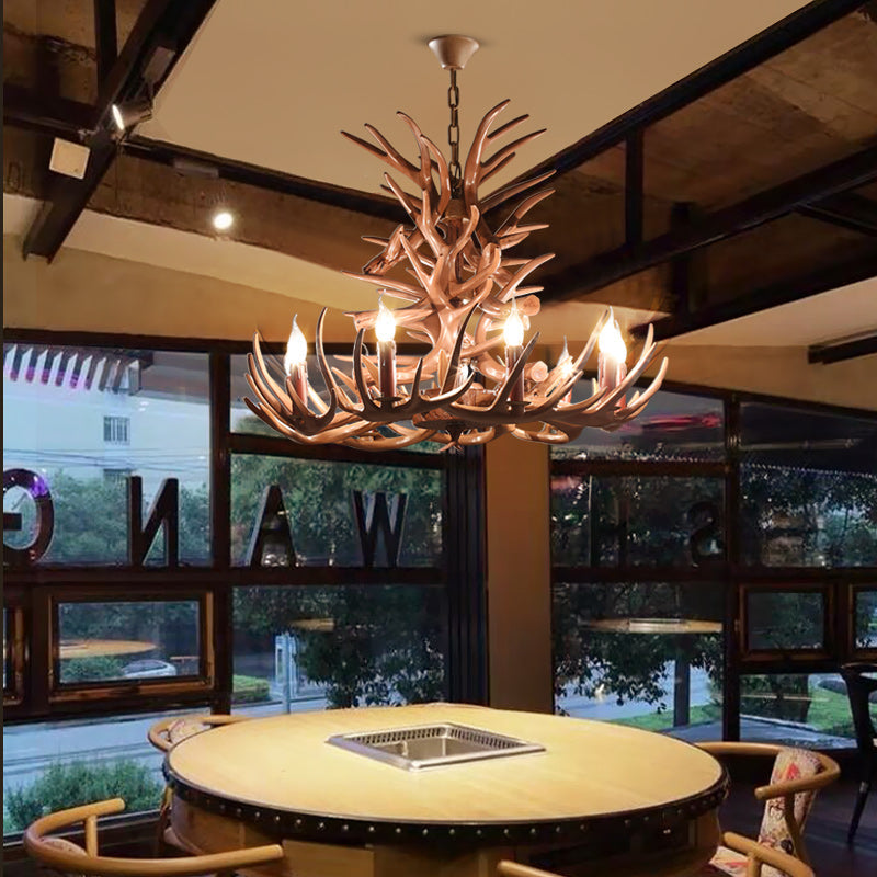 Rustic 9-Head Antler Resin Chandelier – Farmhouse Brown Pendant for Dining & Living Spaces