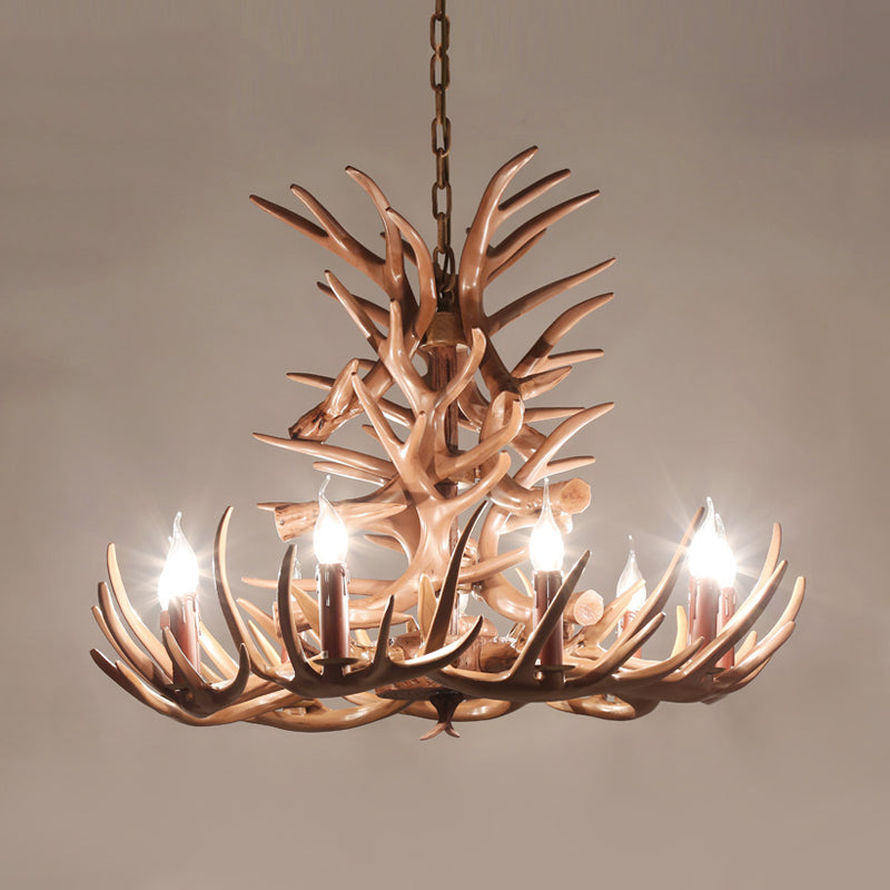 9 Heads Antler Ceiling Chandelier Farmhouse Brown Resin Suspended Lighting Fixture for Restaurant, 23"/27" Wide