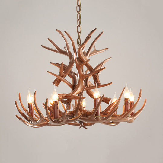 9 Heads Antler Ceiling Chandelier Farmhouse Brown Resin Suspended Lighting Fixture for Restaurant, 23"/27" Wide