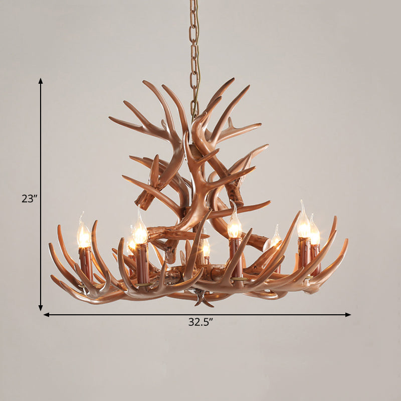 9 Heads Antler Ceiling Chandelier Farmhouse Brown Resin Suspended Lighting Fixture for Restaurant, 23"/27" Wide