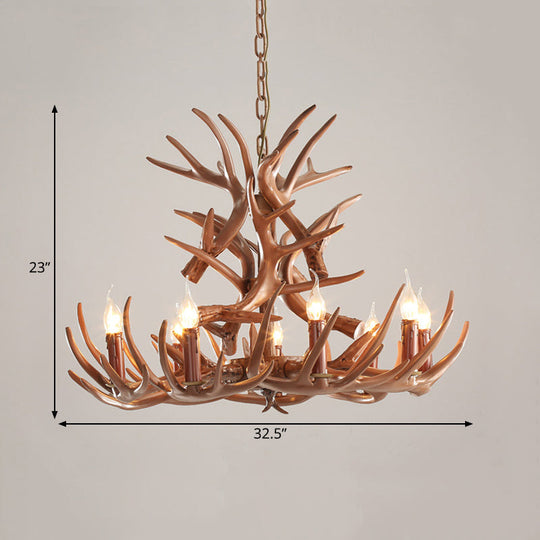 9 Heads Antler Ceiling Chandelier Farmhouse Brown Resin Suspended Lighting Fixture for Restaurant, 23"/27" Wide