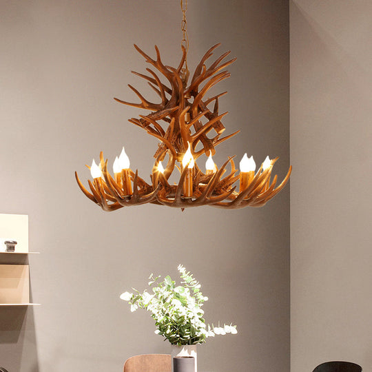 Faux Antler Resin Chandelier Lighting Cottage 9/12 Heads Restaurant Hanging Pendant Light in Brown