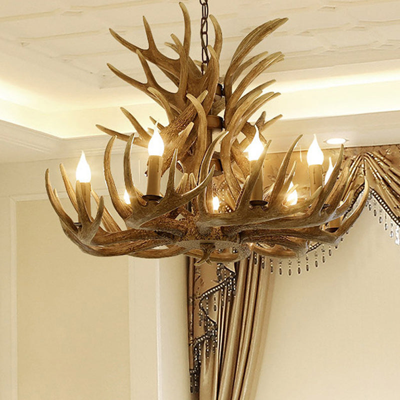 Faux Antler Resin Chandelier Lighting Cottage 9/12 Heads Restaurant Hanging Pendant Light in Brown