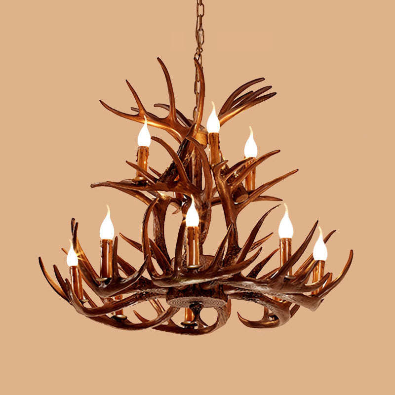 Faux Antler Resin Chandelier Lighting Cottage 9/12 Heads Restaurant Hanging Pendant Light in Brown