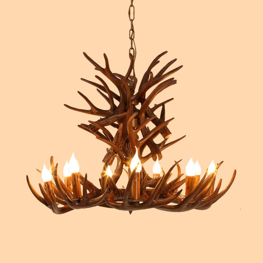 Faux Antler Resin Chandelier Lighting Cottage 9/12 Heads Restaurant Hanging Pendant Light in Brown