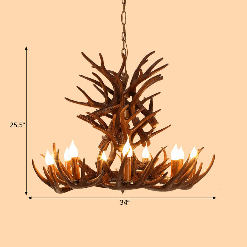 Faux Antler Resin Chandelier Lighting Cottage 9/12 Heads Restaurant Hanging Pendant Light in Brown